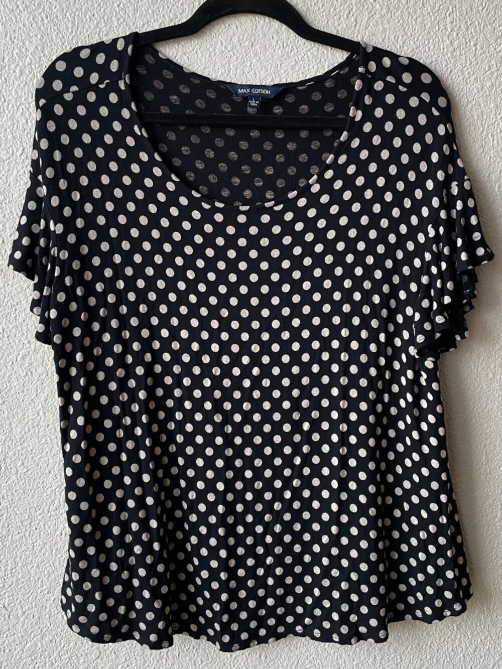 Max Edition Women's Black White Polka Dot Top Size L Short Angel Sleeves Blouse